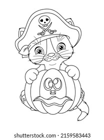 Cat pirate for halloween coloring page. Black and white cartoon vector illustration