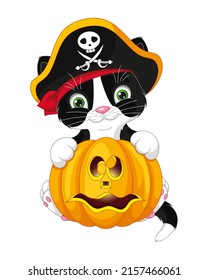 Cat pirate for halloween with pumpkin. Cartoon vector illustration