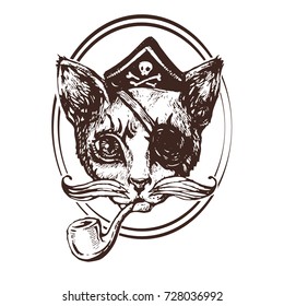 Cat The pirate hand drawn tattoo ink sketch stock vector illustration on white background coloring book page