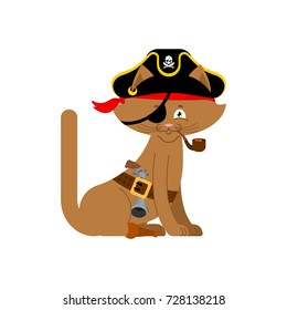 Cat pirate. Home pet buccaneer. filibuster hat and smoking pipe. wooden leg. Vector illustration.
