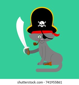 Cat pirate. Home pet buccaneer. filibuster hat and smoking pipe. wooden leg. Vector illustration.
