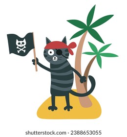 Cat pirate on the island. Children's illustration. Hand drawn vector illustration.