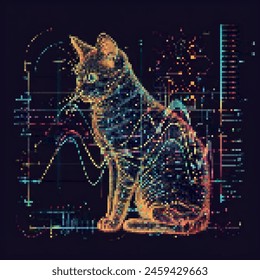 Cat in pixel art futuristic style. vintage, 8 bit, 80s, 90s. Vector illustration of a cat in the style of a pixel art.