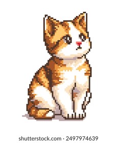 Cat pixel art. Kitten cute ginger pet, 8 bit pixel style. Video game retro pixelated red cat cartoon mascot, funny avatar. Playful meme character. Isolated vector illustration.