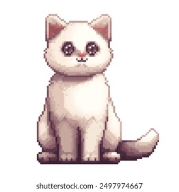 Cat pixel art. Kitten cute white kitty pet, 8 bit pixel style. Video game retro pixelated happy cat funny cartoon mascot avatar. Playful meme character. Isolated vector illustration.