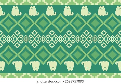 Cat pixel pattern. Seamless. White stripes, darkcolor background. Ethnicity. Floral patterns, printed fabrics, pants, Lanna.