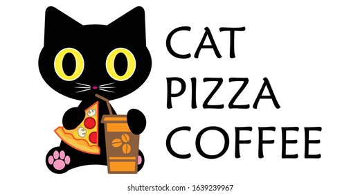 Cat, pizza and coffee t-shirt design template with illustration of cat holding pizza and coffee cup. Good for poster, label.