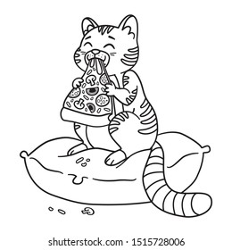 Katze mit einer Pizzascheibe in der Vektorillustration im Mund. Kitty sitzt auf dem Kissen und isst Pizza 