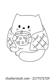 A cat in a plaid with a cup of coffee. Picture for coloring.