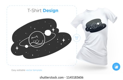 Cat planet in space t-shirt design. Print for clothes, posters or souvenirs. Vector illustration