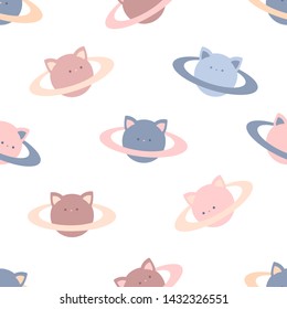 Cat planets. Seamless vector pattern on white background