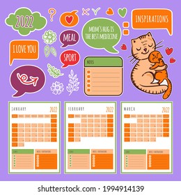 Calendario De Plantilla Y Colección De CAT PLANNER WINTER 2022 Con Elementos De Diseño Durante Tres Meses Para Impreso Y Cortadora Recorte Ilustración De Imágenes Clip Vector Set