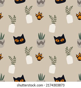 Cat and plants vector ilustration seamless patern.Great for textile,fabric,wrapping paper,and any print.