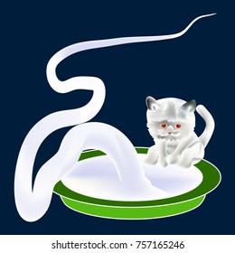 Cat and plate with milk. Icon Symbol Design. White Cartoon Cat Vector illustration isolated on navy blue background