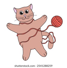 Cat play with ball of thread. Cute flat illustration.