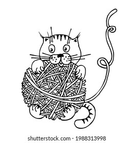 Cat play with ball of yarn. Kitten. Animal isolated on white background. Hand drawn vector.