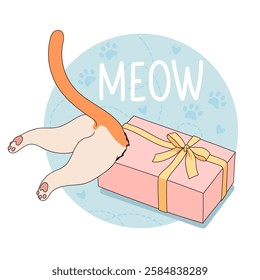 Cat play with box. Funny and cozy vector illustration.