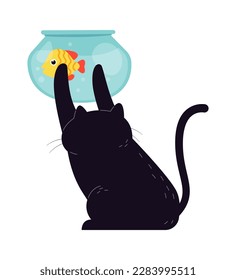 Cat play with fish in aquarium flat icon. Vector illustration