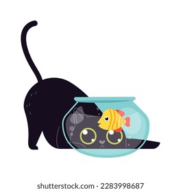 Juego de gatos con peces en un icono plano acuario. Ilustración del vector