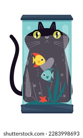 Juego de gatos con peces en un icono plano acuario. Ilustración del vector