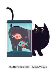 Katzen spielen mit Fischen im Aquarium flach Symbol. Vektorgrafik