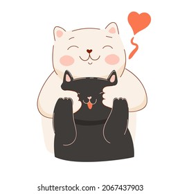 Cat play guess who. Valentine animal love. Couple, hugs, holding. Romantic postcard sticker. Stock vector illustration isolated on white background.