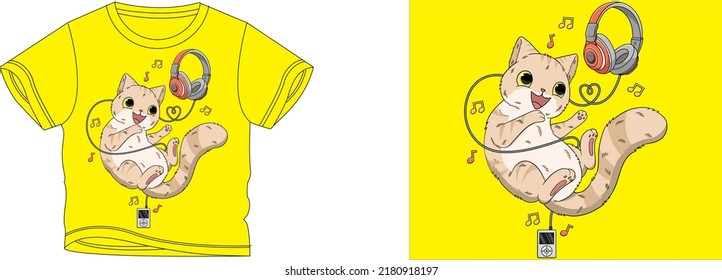 cat play music t-shirt design background color is a yellow and t-shirt color is a yellow beautiful color and beautiful design