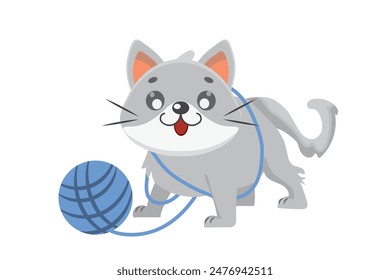 Cat play with yarn ball. Happy cute pet isolated on white background.