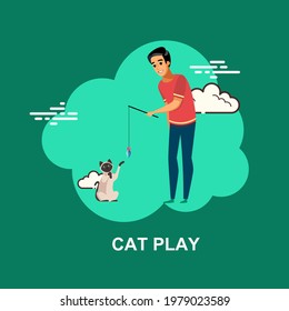 Cat play with young boy wearing red shirt playing with cat on green background flat concept design