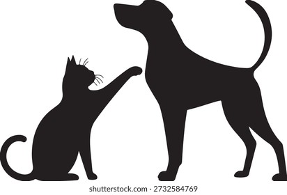 Un gato extiende juguetonamente su pata a un perro en esta silueta expresiva, mostrando la interacción entre especies.