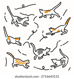 Cat Playing with Abstract Line Art Illustration