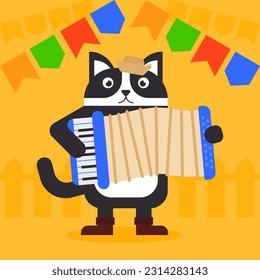 Cat playing accordion in St. John feast. Vector illustration flat design style.