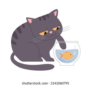 Cat Playing with Aquarium Fish. Vector illustration