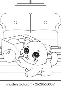 Cat Playing With Ball Coloring Pages For Kids Vector