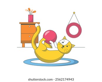 Cat is playing with a ball, inside the house. Character design. Vector flat illustration