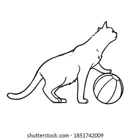 A cat playing a ball. Line art cartoon character black ink hand painting for decoration in pet artwork advertising, coloring book, textbook for small children.