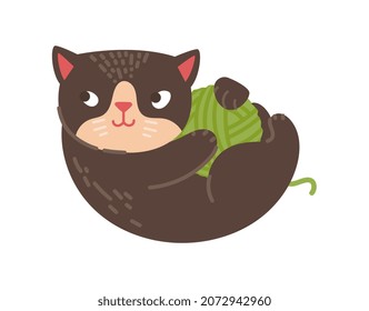 Cat playing with ball. Pet unravels tangle, brown animal. Active rest, fluffy. Cute stickers for kids, graphic elements for printing on clothes, cozy, comfort. Cartoon flat vector illustration