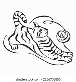 Cat playing with a ball of thread. Funny black and white ink line drawing. Vector image Isolated on white background. Calligraphic drawing.