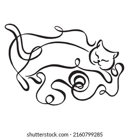 Cat playing with a ball of thread. Funny kitty black and white ink line drawing. Linear drawing. Vector image. Calligraphic illustration. Element for design, tattoo.