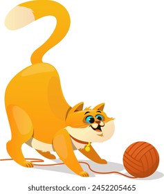 Katze, die mit einem Ball aus Faden spielt, eine verspielte Kätzchen, die mit einer Schnur spielt. Vektorillustration