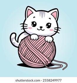 Cat playing with ball of thread, a playful kitty playing with string. Stock vector illustration. Cute Cat Playing Yarn Ball. Animal Nature Icon Concept Isolated Premium Vector. Flat Cartoon Style.