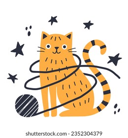 The cat is playing with a ball of thread. Stylized character in flat style. Vector illustration.