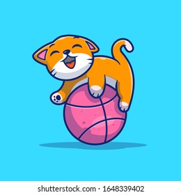 Cat Playing Ball Vector Icon Illustration. Cute Cat With Yarn Ball. Animal Icon Concept White Isolated. Flat Cartoon Style Suitable for Web Landing Page, Banner, Flyer, Sticker, Card, Background