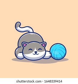 Cat Playing Ball Vector Icon Illustration. Cute Cat With Yarn Ball. Animal Icon Concept White Isolated. Flat Cartoon Style Suitable for Web Landing Page, Banner, Flyer, Sticker, Card, Background