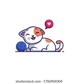 Cat Playing Ball Vector Icon Illustration. Cute Cat With Yarn Ball. Animal Icon Concept White Isolated. Flat Cartoon Style Suitable for Web Landing Page, Banner, Flyer, Sticker, Card, Background
