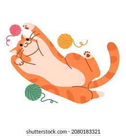 The cat is playing with a ball of yarn. Cute yellow cat illustration.