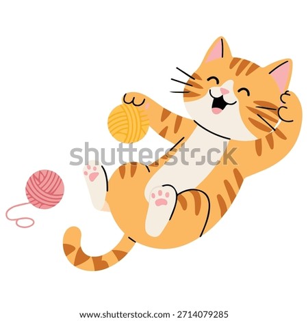 Cat playing with ball of yarn cute yellow cat illustration isolated on white