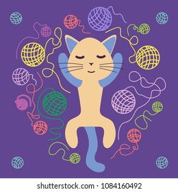  Cat playing with a ball of yarn, vector illustration.