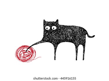 Cat playing with a ball of yarn, vector illustration