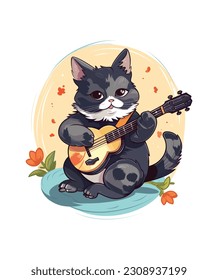 Cat playing banjo cottage core illustration, Cat playing banjo design